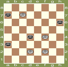 w3 12 ходов
 1.c7-d8 a3-b2 2.f2-e3 d4:f2 3.d2-c3 b2:d4 4.f4-e5 d4:f6 5.d8:e1 a7-b6 6.e1-f2 b6-a5 7.f2-e1 h6-g5 8.e1-d2 g5-h4 9.d2-e1 a5-b4 10.e1:a5 h4-g3 11.a5-b6 g3-h2 12.b6-g1