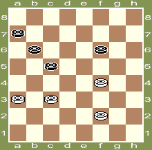 w6 12 ходов
 1.f2-g3 b6-a5 2.g3-h4 a7-b6 3.f4-g5 f6-e5 4.g5-f6 e5:g7 5.h4-g5 g7-h6 6.g5-f6 h6-g5 7.f6:h4 c5-d4 8.c3:e5 b6-c5 9.h4-g5 a5-b4 10.e5-d6 c5:e7 11.a3:c5 e7-f6 12.g5:e7 