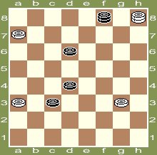 w7 9 ходов 1.a7-b8 d6-c5 2.b8-a7 f8-d6 3.g3-h4 d6-e5 4.h4-g5 e5-h2 5.g5-h6 h2-e5 6.h6-g7 c3-d2 7.a3-b4 c5:a3 8.a7:c1 e5-d6 9.g7-f8 d6-c5